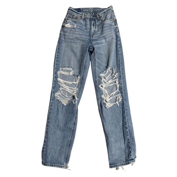American Eagle High Rise Baggy Straight Jeans Distressed Women's Size 000 Shirt - Picture 2 of 7